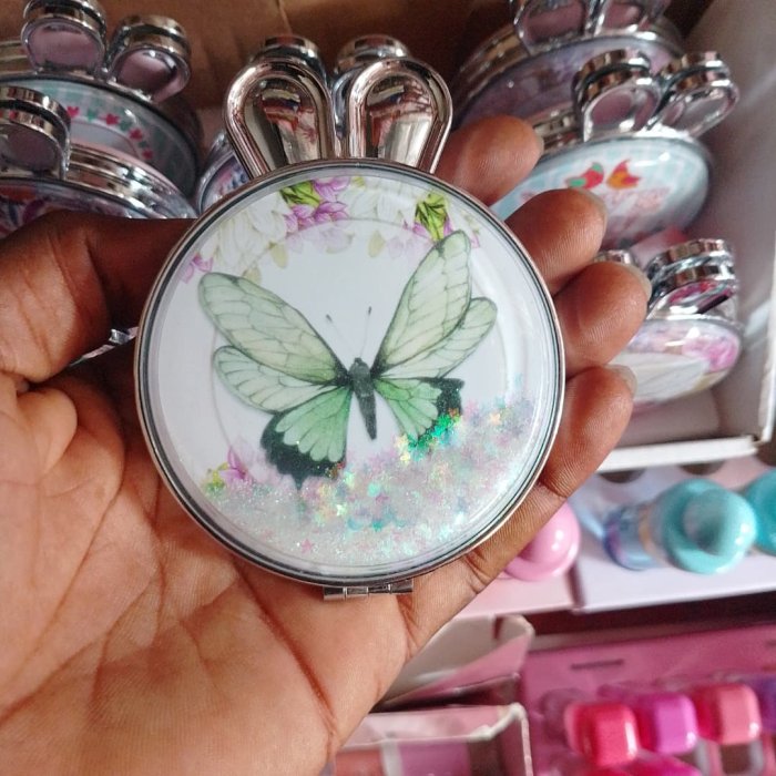 Butterfly & Glitter Pocket Compact Mirror with Bunny Ears